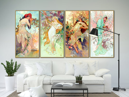 The Seasons by Alphonse Mucha Extra Large Canvas Wall Art Print Bright Colorful Vintage Living Room Wall Decor Ready to Hang Mothersday Gift