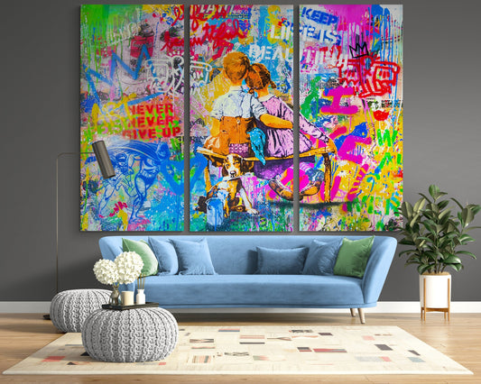 Graffiti Pop Art Canvas Print: Boy, Girl & Dog, Urban Wall Decor