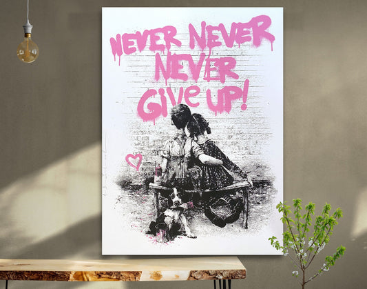 Never Give Up Motivation Bright Pink Colorful Urban Graffiti Painting on Canvas Ready to Hang Living Room Wall Decor Print Wedding love gift