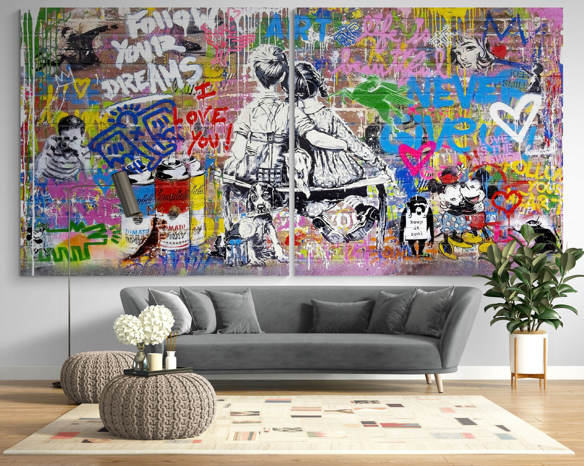 Banksy Style Canvas Print, Follow Your Dreams Art, Romantic Urban Wall Decor, Vibrant Graffiti Canvas, Creative Bedroom Pop Art Poster