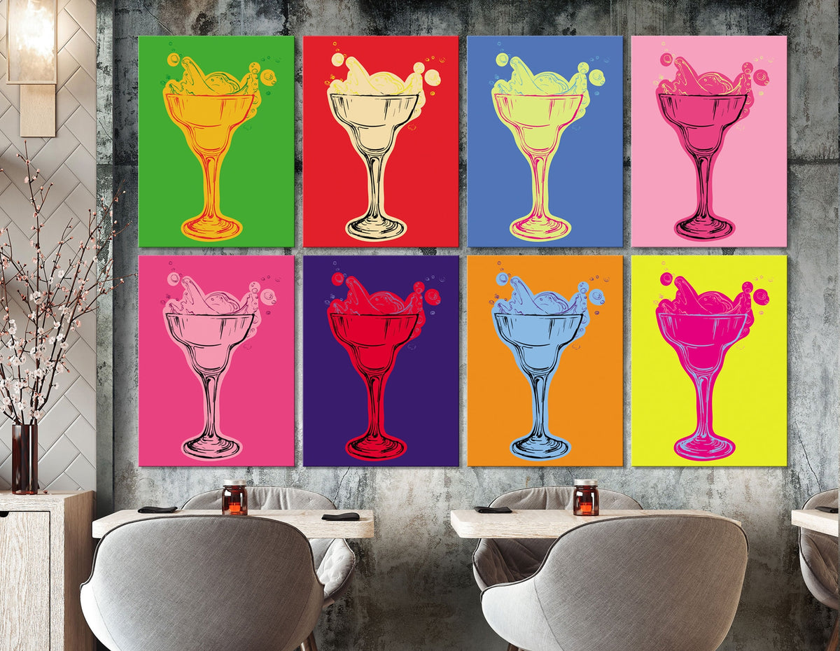Cocktails SET of 8 Print on Canvas Bright Colorful Living Room Café Extra Large Wall Decor Ready to Hang Pop Art Best Housewarming Gift