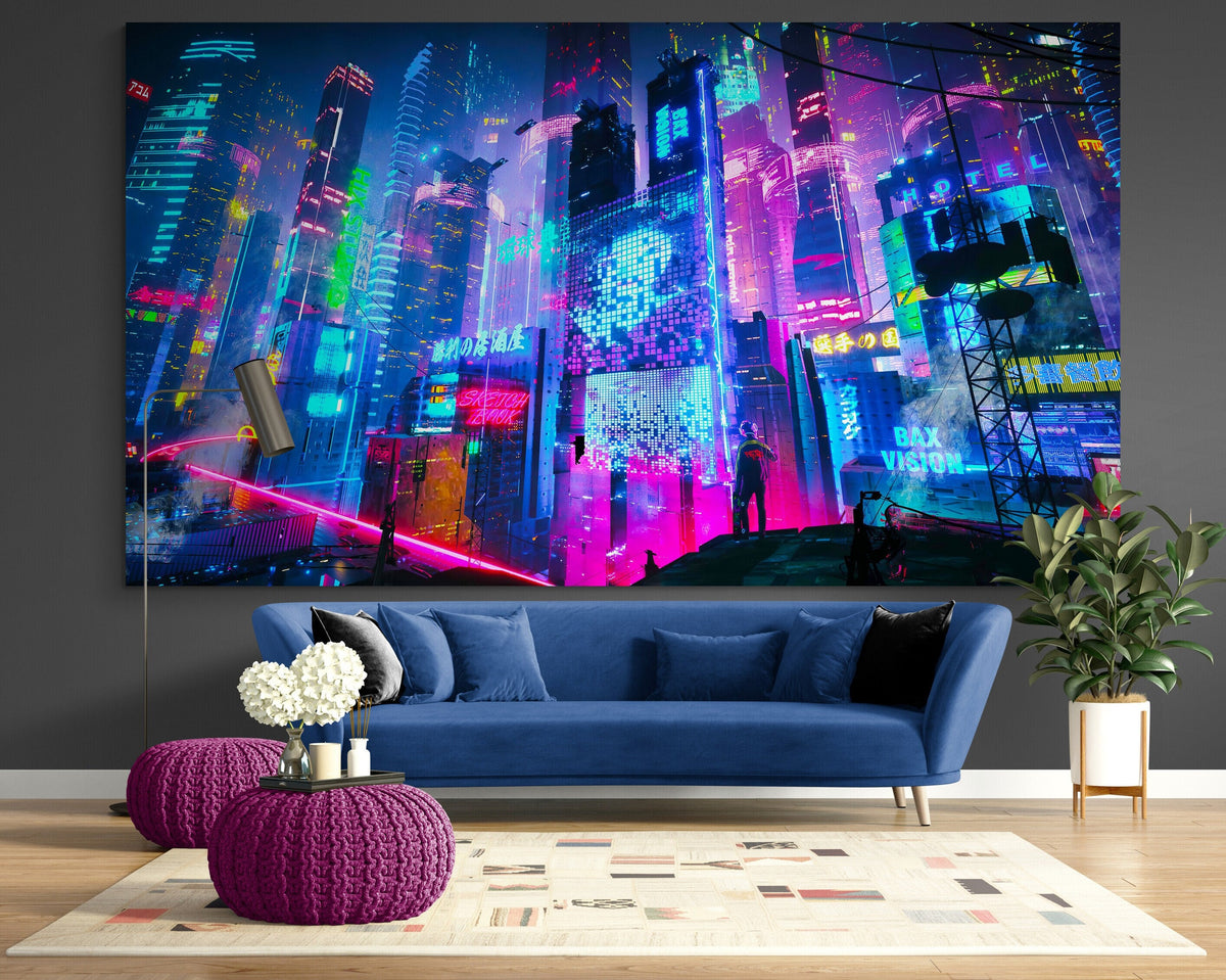 Cyberpunk Urban View Extra large Bright Colorful Neon Print on Canvas Ready to Hang Game Room Wall Decor Painting Modern Teenage boy gifts