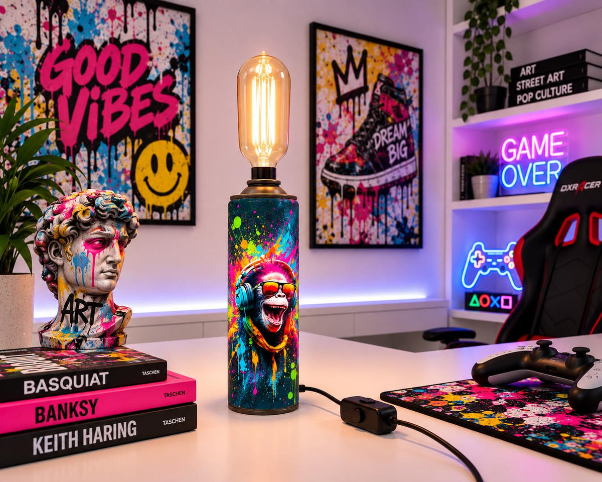 DJ Monkey Graffiti Torn Spraycan with Edison Lamp