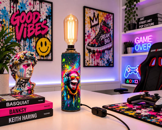 DJ Monkey Graffiti Torn Spraycan with Edison Lamp
