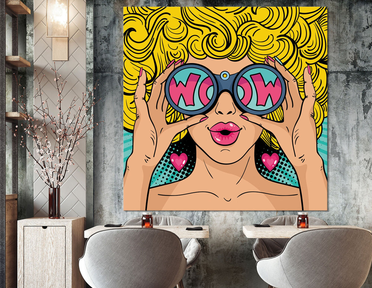 Wow Girl Blond Print on Canvas Bright Living Room Girl's Room Modern Fashion Pop Art Vintage Wall Art Painting Ready to Hang Gift for Her
