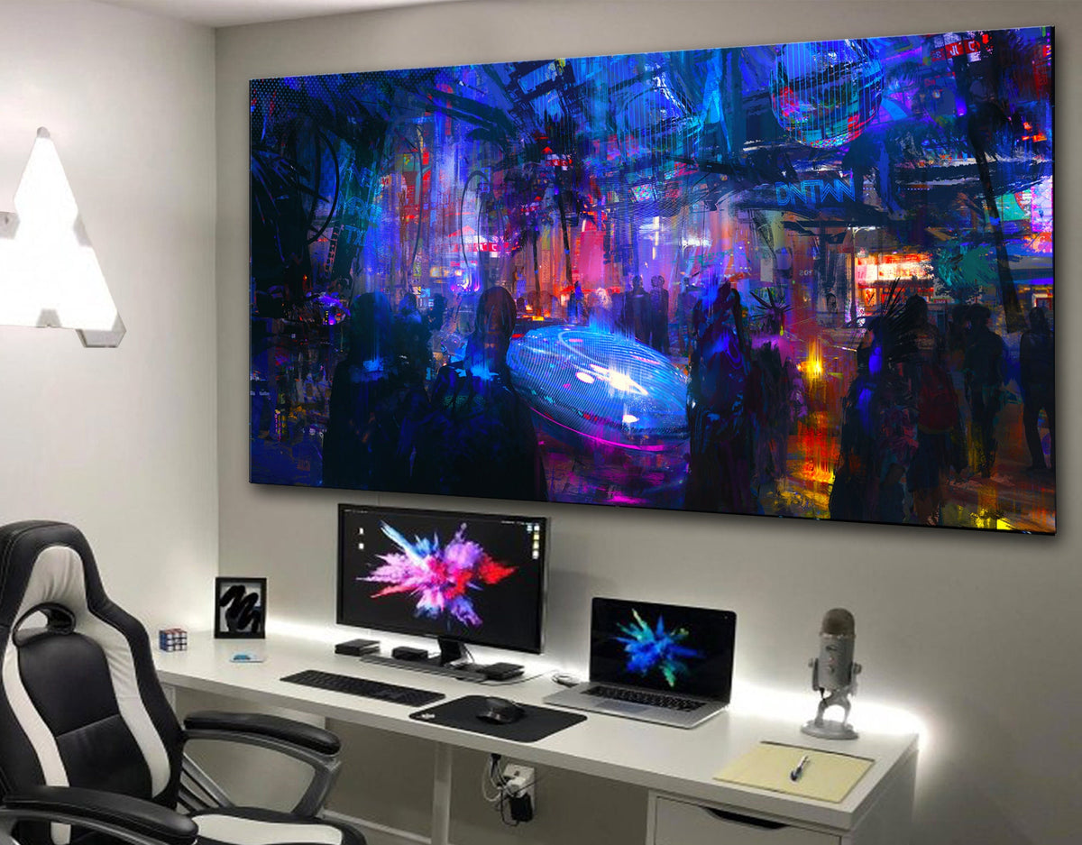 Cyberpunk Downtown Urban Extra Large Bright Neon Colorful Print on Canvas Ready to Hang Game Room Wall Decor Modern Active Teenage Boy Gift