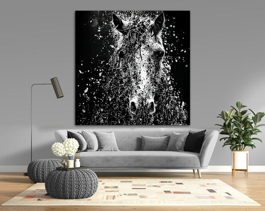 Pollock style Horse Print on Canvas Black and white Living Room Modern Abstract Wall Art Painting Ready to Hang Gift for Him