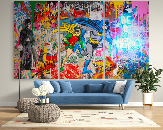 Superhero Graffiti Canvas Wall Art Street Art Print, Pop Art Comic Book Canvas, Colorful Urban Large Canvas, Boys Room Decor