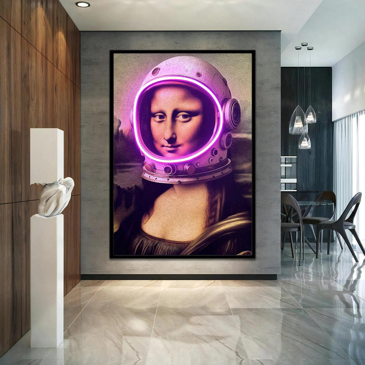 Mona Lisa in helmet with Neon Light Stretched Extra large Canvas Print Urban Modern Graffiti  Art Wall Gamer Room Decor Teenage Gift for Her
