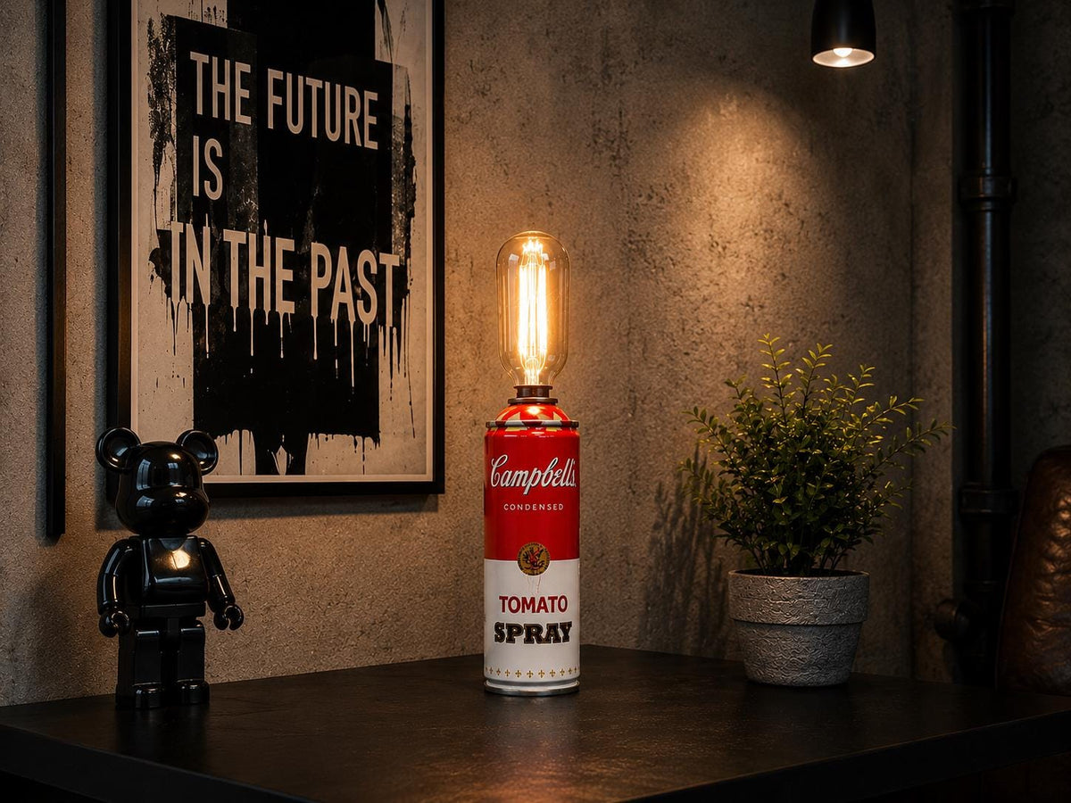 Tomato soup Graffiti Torn Spraycan with Edison Lamp