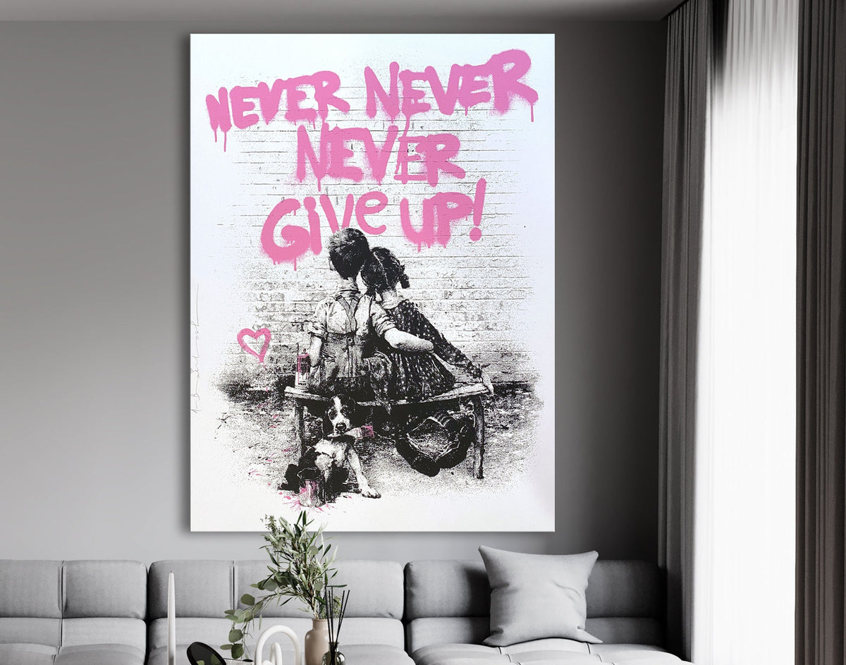 Never Give Up Motivation Bright Pink Colorful Urban Graffiti Painting on Canvas Ready to Hang Living Room Wall Decor Print Wedding love gift
