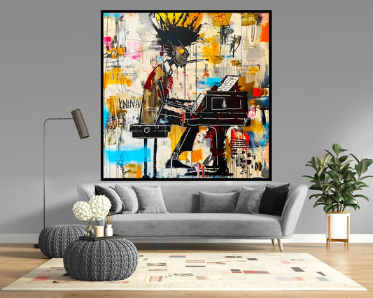 Jazz Piano Wall Art, Colorful Graffiti Canvas Print, Abstract Musician Painting, Street Pop Art, Large Living Room Music Decor, Gift
