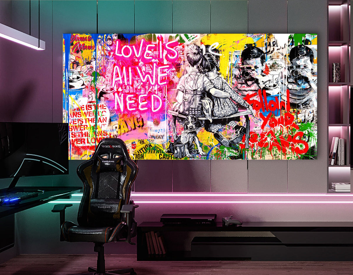 Neon Lights Love Is All We Need Extra large Stretched Canvas Print Urban Graffiti Modern Art Wall Decor Gamer Room Teenage Christmas Gift