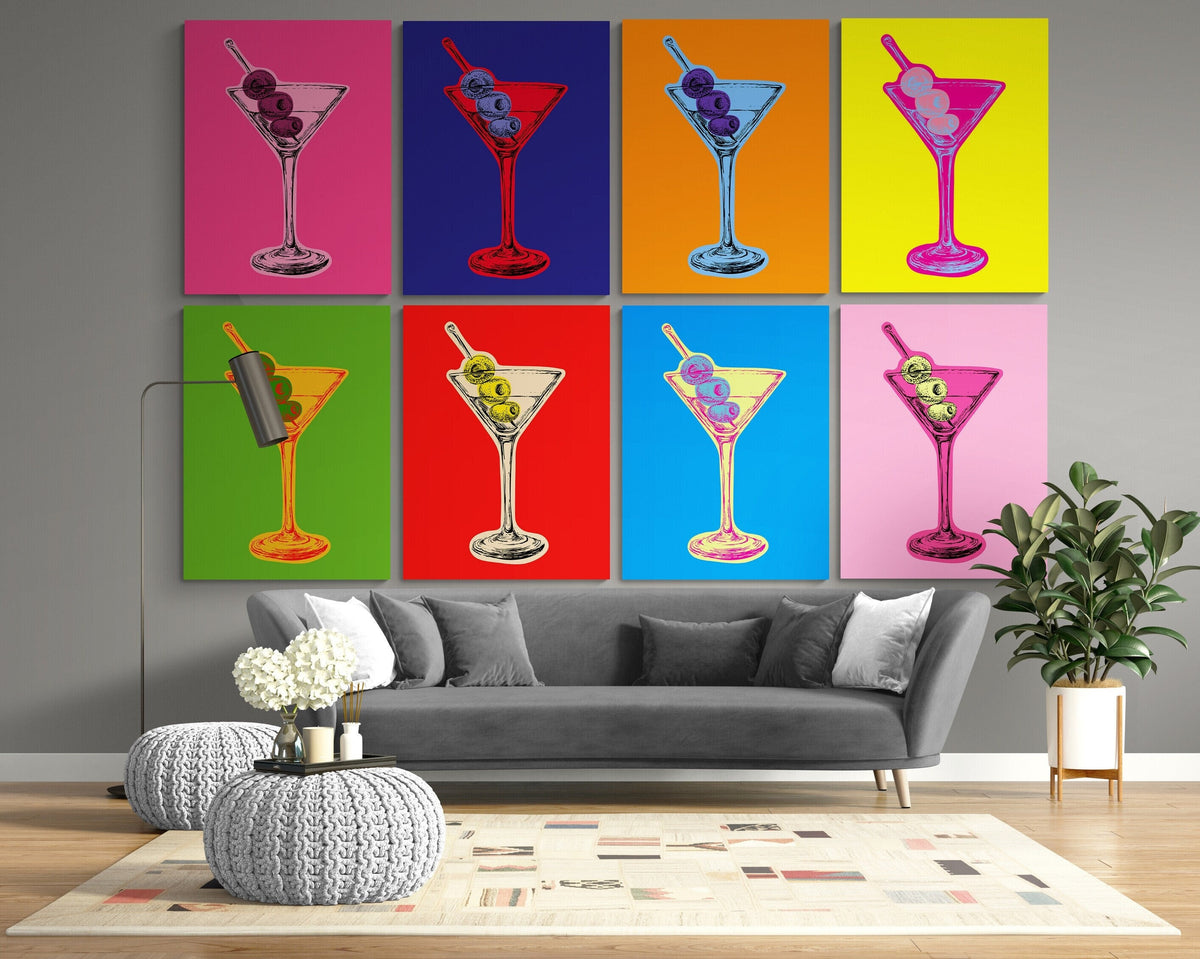 Martini Glass Pop Art Canvas Print Set, Rainbow Colors, Ready to Hang