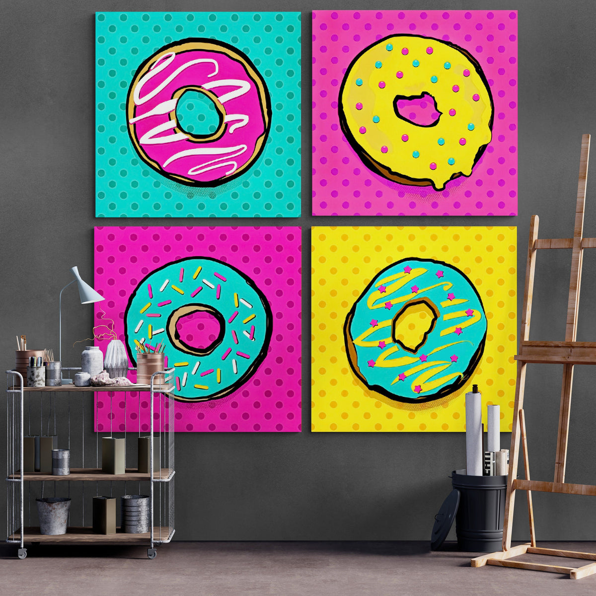Donut Print Set of 4, Bright Pop Art Canvas, Modern Wall Decor