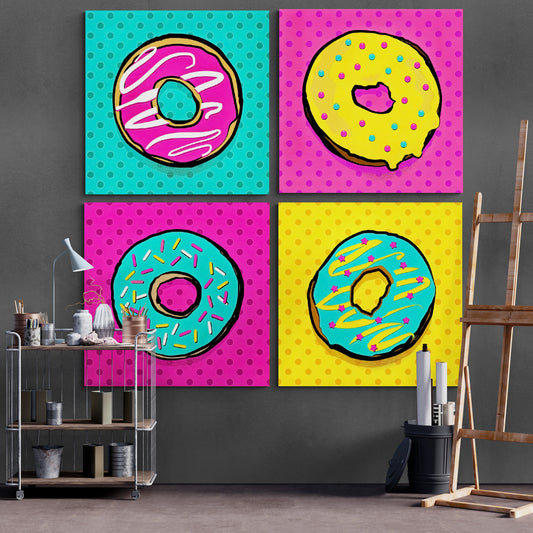 Donut Print Set of 4, Bright Pop Art Canvas, Modern Wall Decor