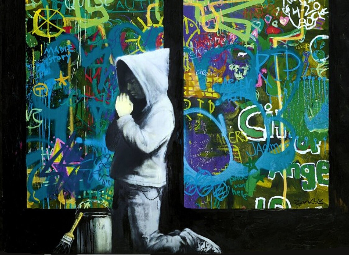 Banksy Stained Glass Boy Print, Urban Graffiti Art Canvas