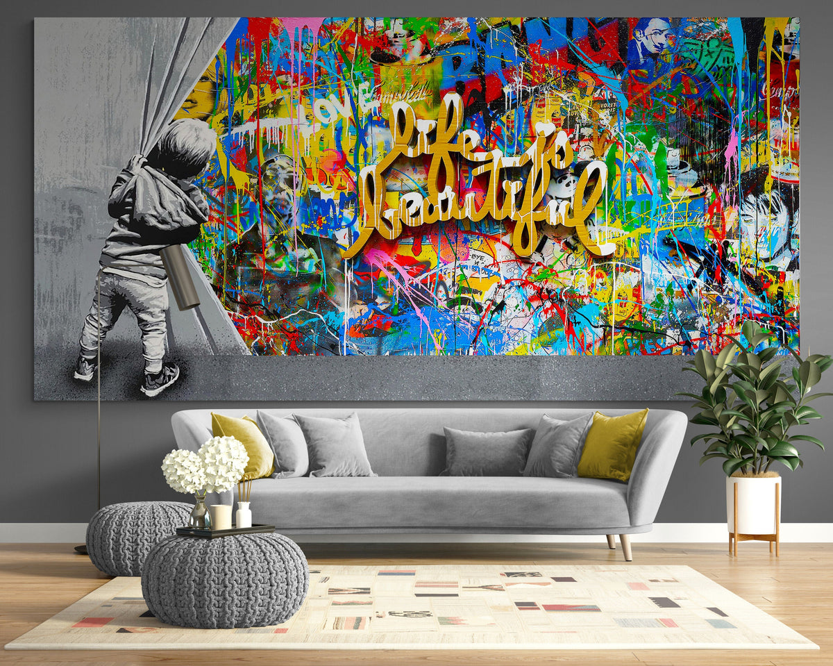 Behind the Curtain Life is Beautiful Print Canvas Urban Street Art Bright Graffiti Wall Decor Ready to Hang Modern Kids Wall Art Gift
