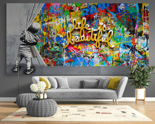 Behind the Curtain Life is Beautiful Print Canvas Urban Street Art Bright Graffiti Wall Decor Ready to Hang Modern Kids Wall Art Gift