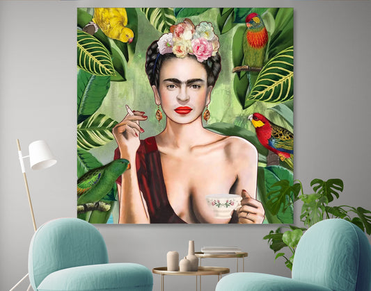 Frida Kahlo Self-portrait with Parots Print on Canvas Bright Colorful Living room Wall Art Ready to Hang Print Best Fashion Mother day gift