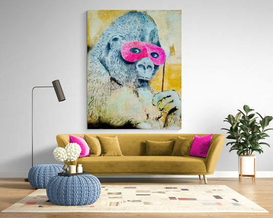 Banksy Gorilla in Pink Mask Graffiti Art, Large Urban Canvas Painting