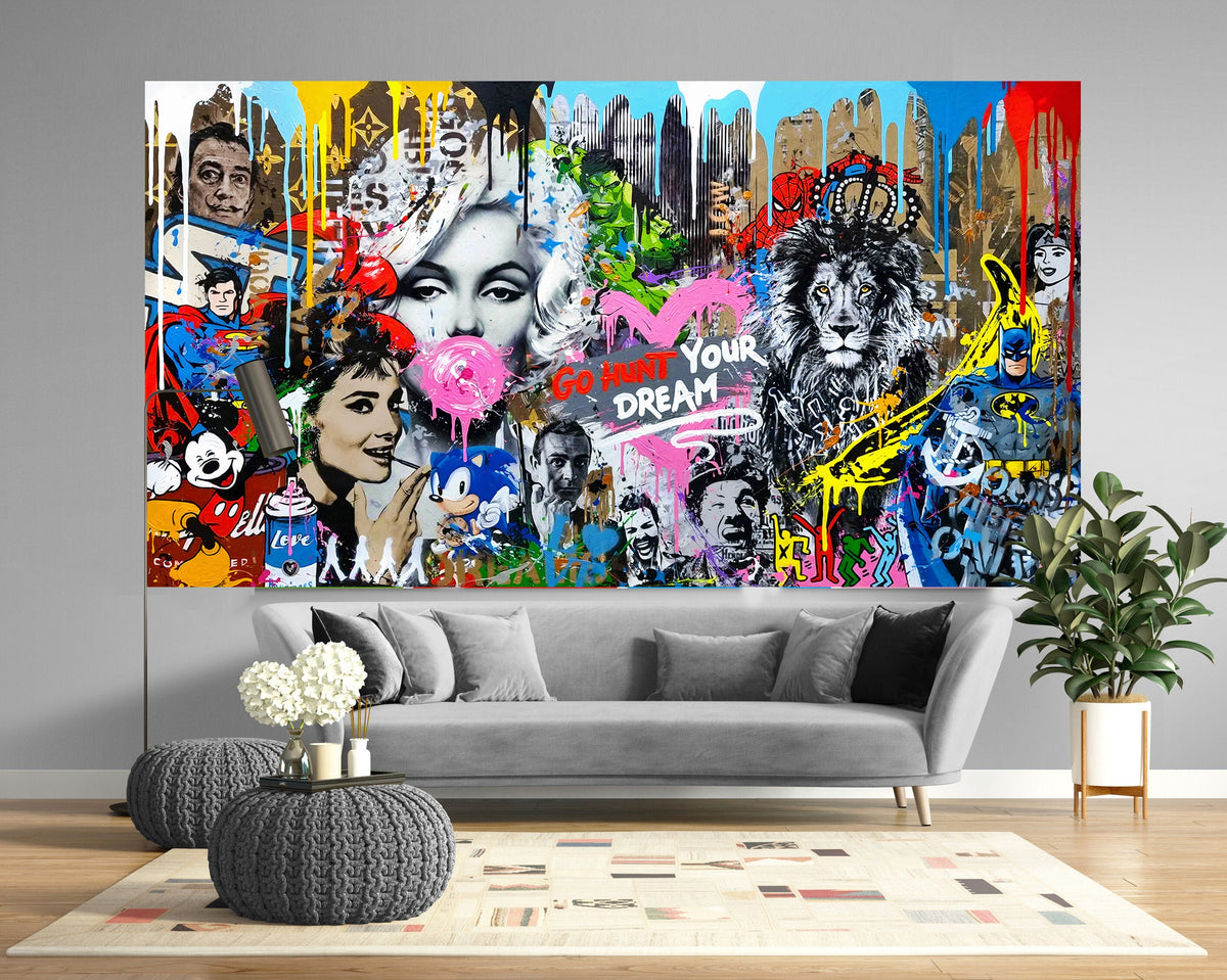 Large Graffiti Style Canvas Art: Pop Culture Mural for Living Room
