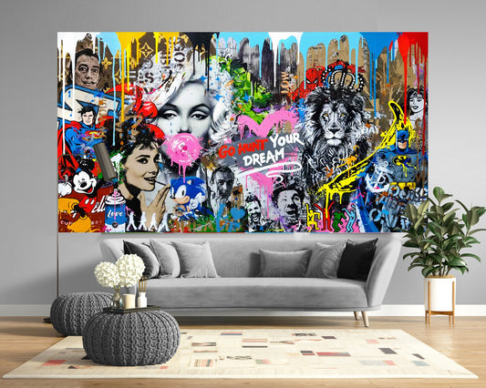 Large Graffiti Style Canvas Art: Pop Culture Mural for Living Room