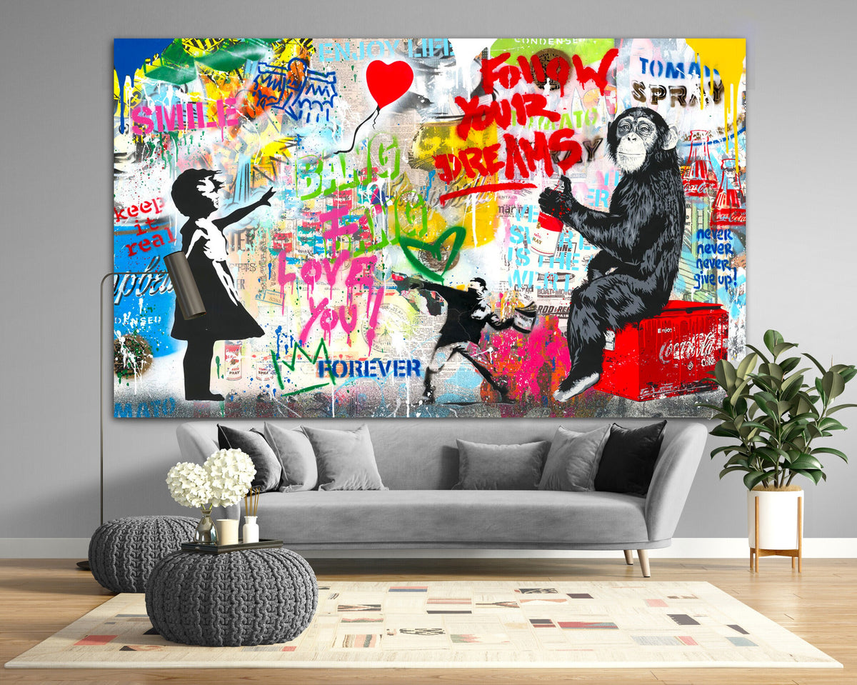Banksy Monkey Canvas Art, Follow Your Dreams Graffiti, Street Art Canvas Wall Decor, Girl Balloon Pop Art, Large Urban Canvas Painting