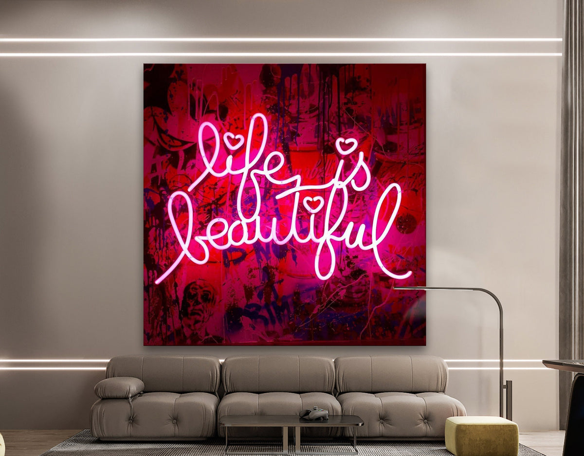 Neon Light Life Is Beautiful Stretched Extra large Canvas Print Modern Graffiti Art Wall Gamer Room Decor Teenage Christmas Gift for Him