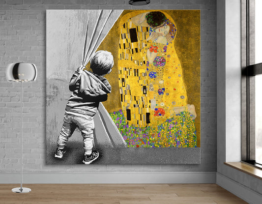 Klimt's Kiss Graffiti Canvas Art Print, Modern Urban Wall Decor