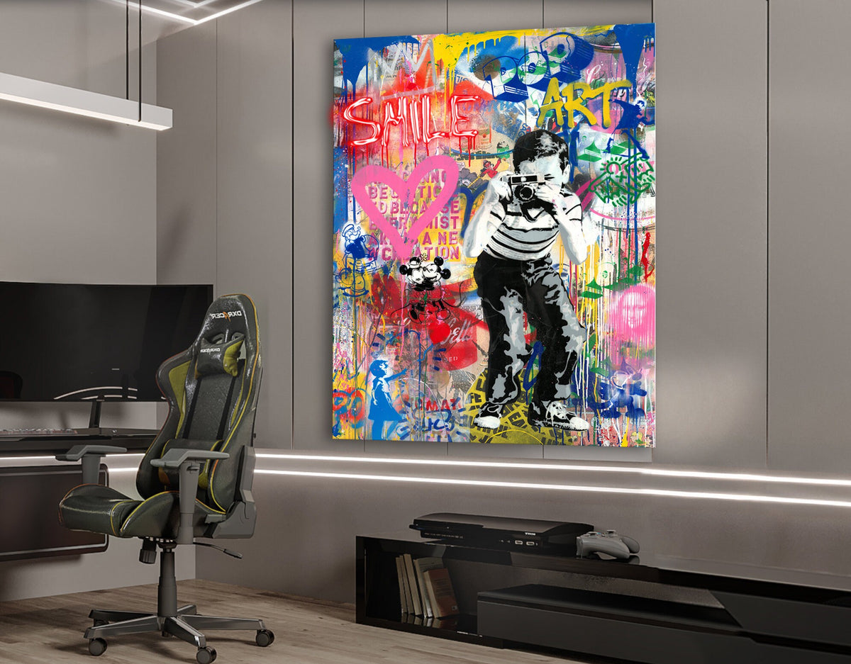 Photographer boy Neon Light Colorful Stretched Extra large Canvas Print Urban Modern Graffiti Art Wall Gamer Room Decor Teenage Gift