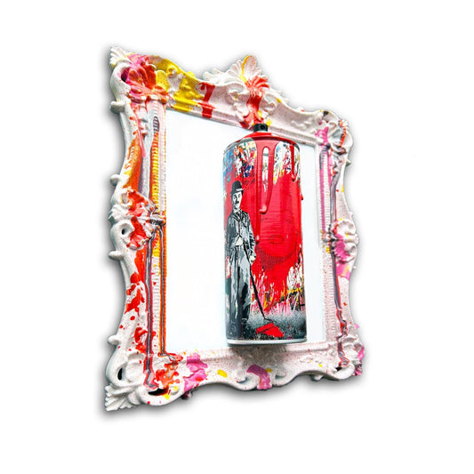 Juxtaposed Graffiti Torn Spraycan Sculpture in classic white with paint splashes frame on white acrylic