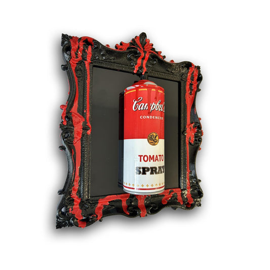 Tomato soup Graffiti Torn Spraycan Sculpture in classic frame on black glossy acrylic with paint drips