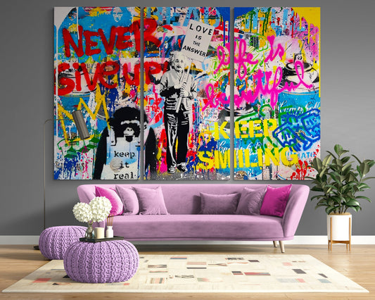 Never give Up Urban Graffiti Print on Canvas Bright Colorful Living Room Pop Art Wall Decor Ready to Hang Painting Best Housewarming gift
