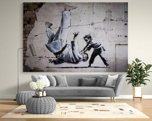 Banksy Ukraine Art Print, Boy Defeating Putin, Modern Canvas Wall Art