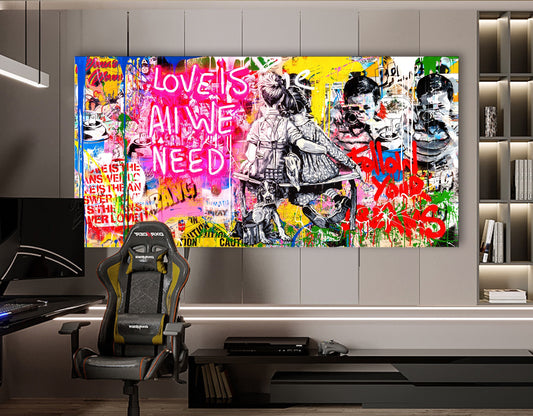 Neon Lights Love Is All We Need Extra large Stretched Canvas Print Urban Graffiti Modern Art Wall Decor Gamer Room Teenage Christmas Gift