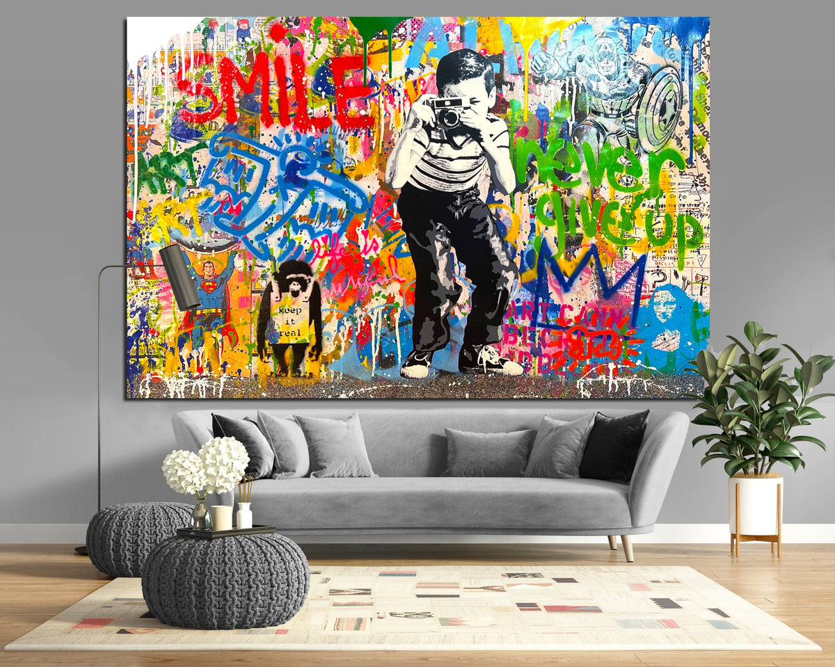 Photographer Boy Canvas Print, Modern Photo Wall Art, Urban Graffiti Canvas, Smile Pop Culture Print, Teen Room Decor, Photographer Gift