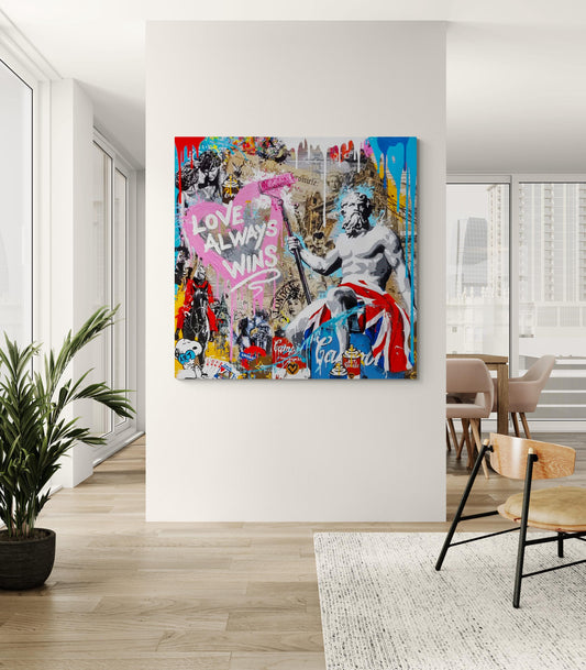 Love always wins Print on Canvas Bright Colorful Urban Graffiti Living Room Wall Decor Ready to Hang Trendy Art Gift for Him