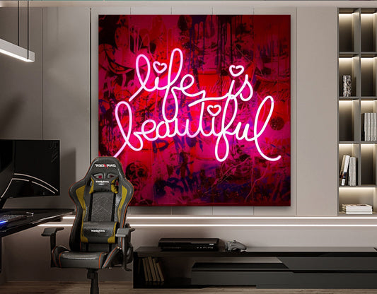Neon Light Life Is Beautiful Stretched Extra large Canvas Print Modern Graffiti Art Wall Gamer Room Decor Teenage Christmas Gift for Him