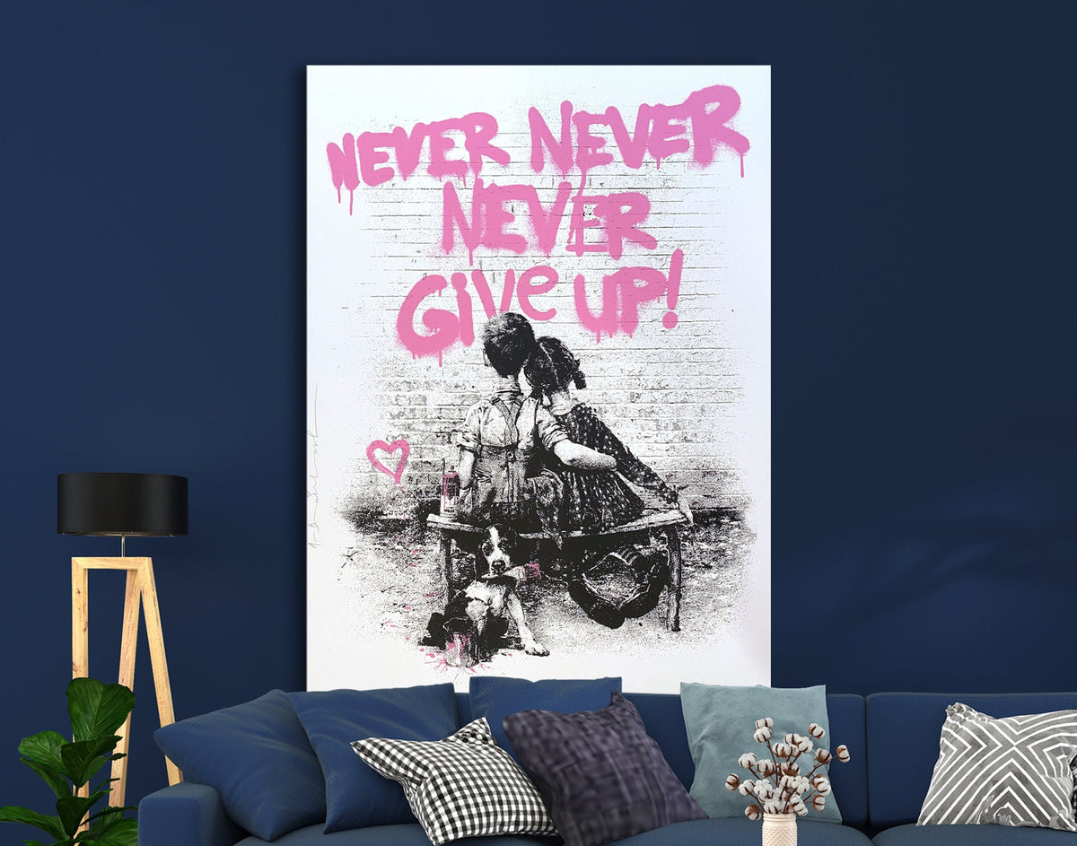 Never Give Up Motivation Bright Pink Colorful Urban Graffiti Painting on Canvas Ready to Hang Living Room Wall Decor Print Wedding love gift