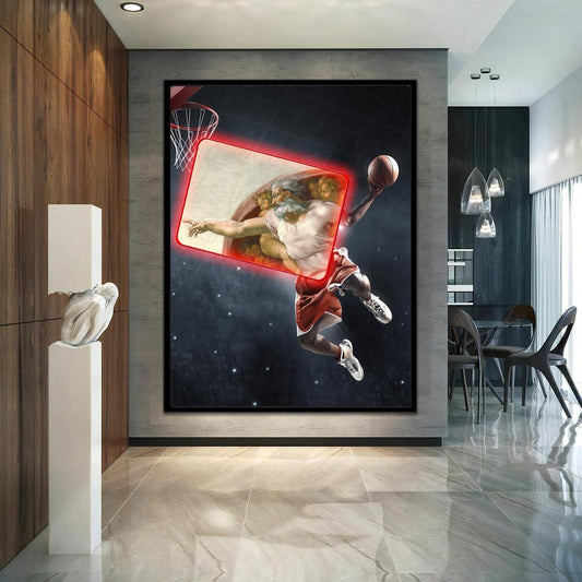 Creation of Basketball with Neon Light Stretched Extra large Canvas Print  Gamer Room Decor Teenage Gift for Him