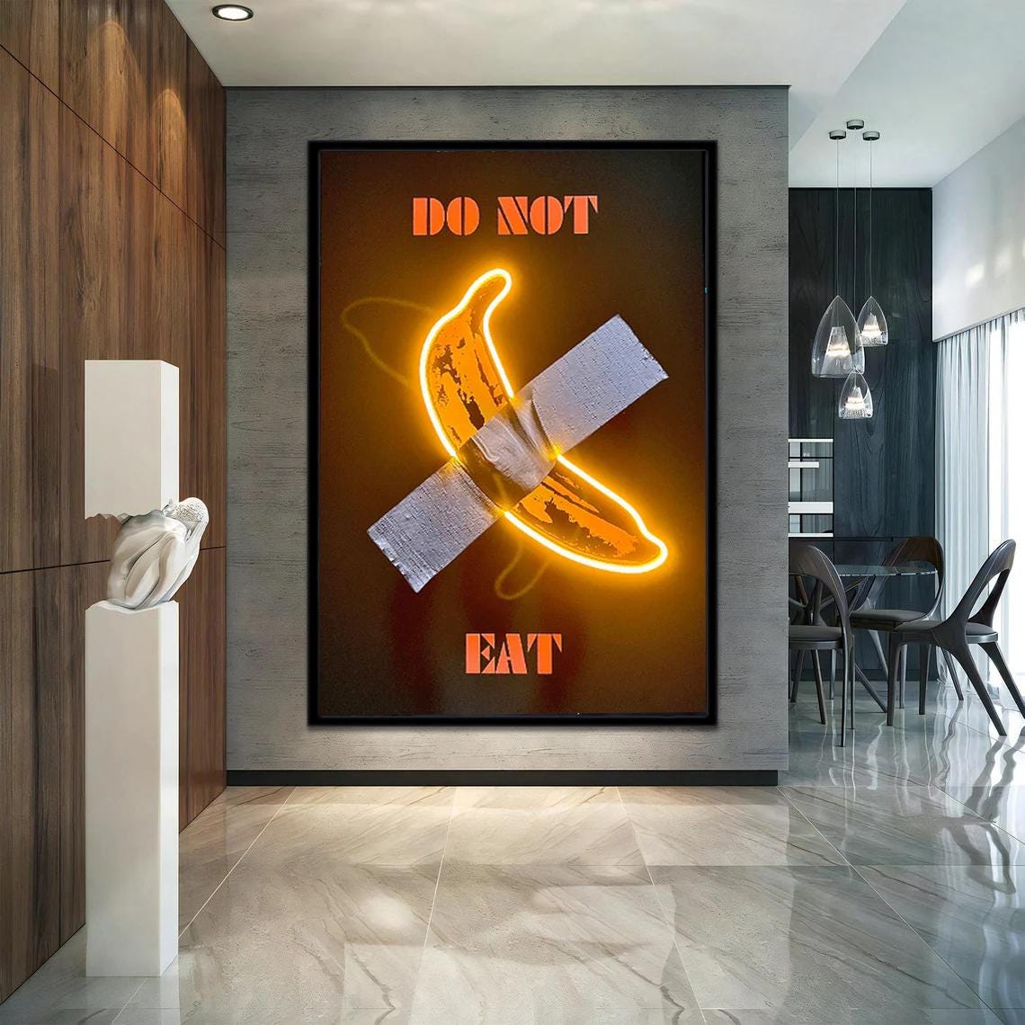 Duct Tape Banana with Neon Light Stretched Extra large Canvas Print Urban Modern Graffiti  Art Wall Bar Decoration  Gift for Him