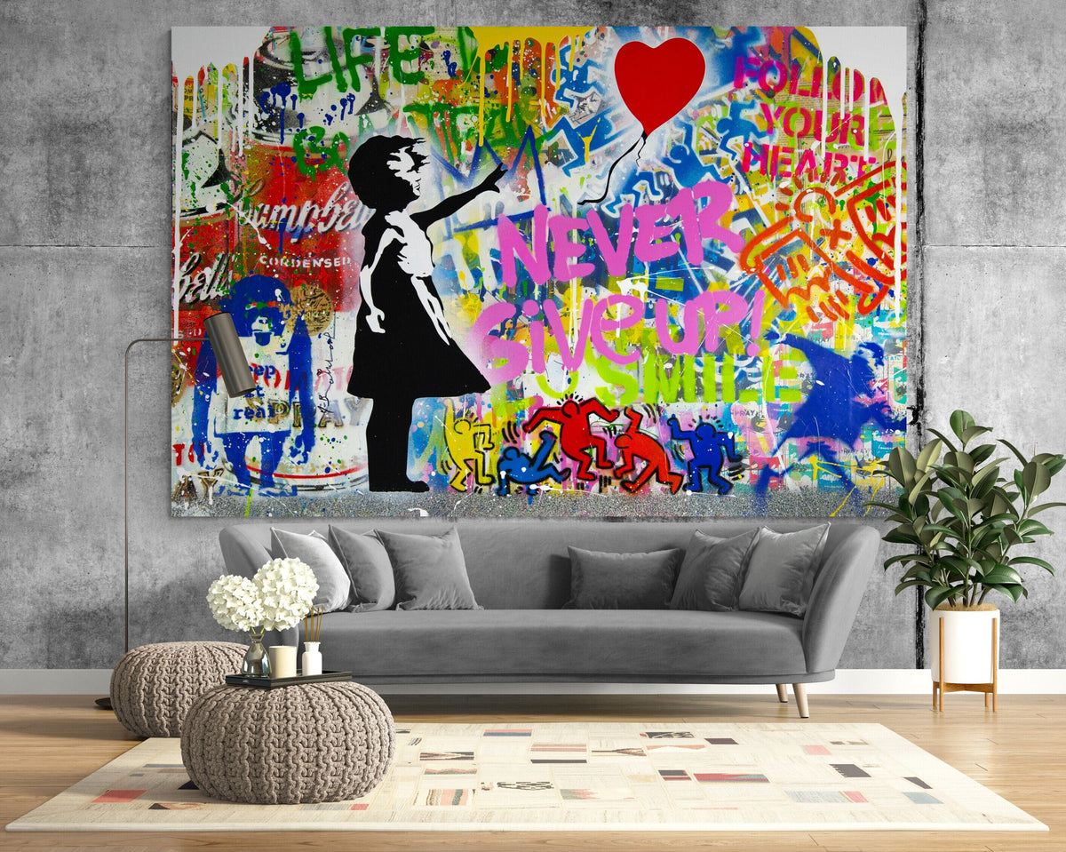 Girl with Balloon Canvas, Never Give Up Wall Decor, Urban Graffiti Canvas Art, Vibrant Pop Art Print, Modern Living Room Large Wall Ar