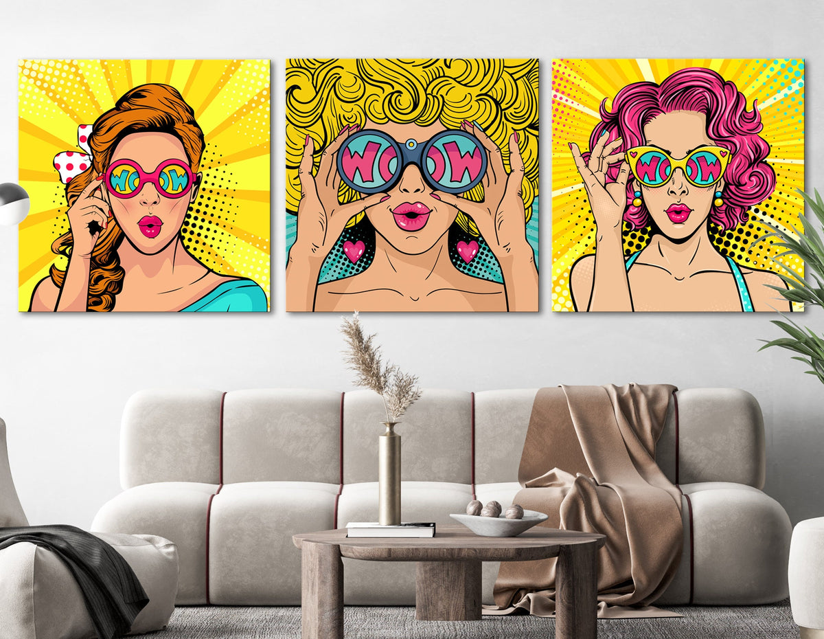 Wow Girl SET of 3 Print on Canvas Bright Living Room Girl's Room Modern Fashion Pop Art Vintage Wall Art Painting Ready to Hang Gift for Her