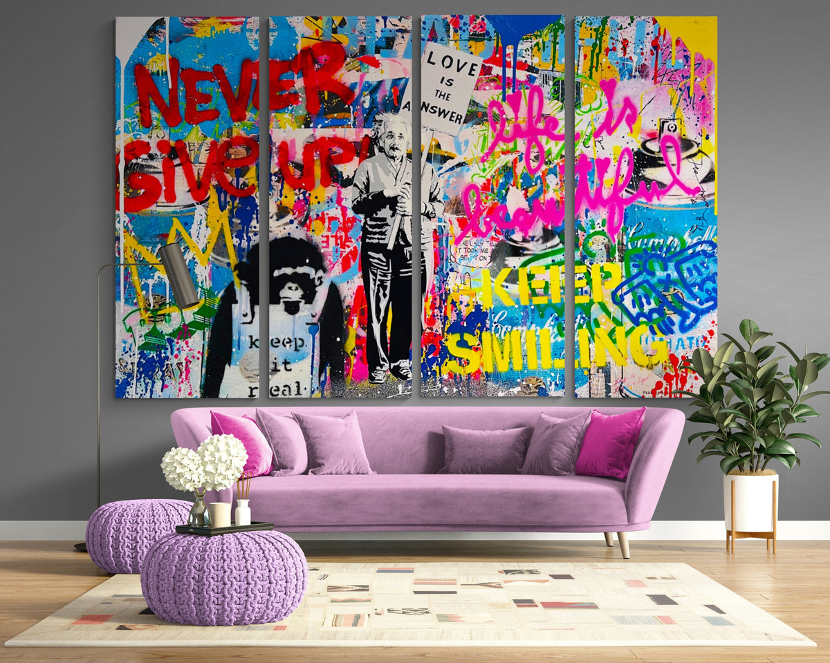Never give Up Urban Graffiti Print on Canvas Bright Colorful Living Room Pop Art Wall Decor Ready to Hang Painting Best Housewarming gift
