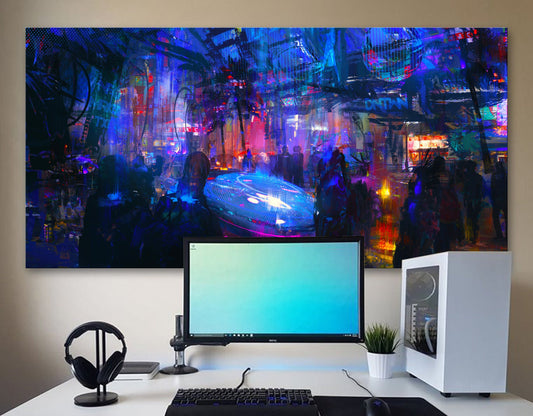 Cyberpunk Downtown Urban Extra Large Bright Neon Colorful Print on Canvas Ready to Hang Game Room Wall Decor Modern Active Teenage Boy Gift