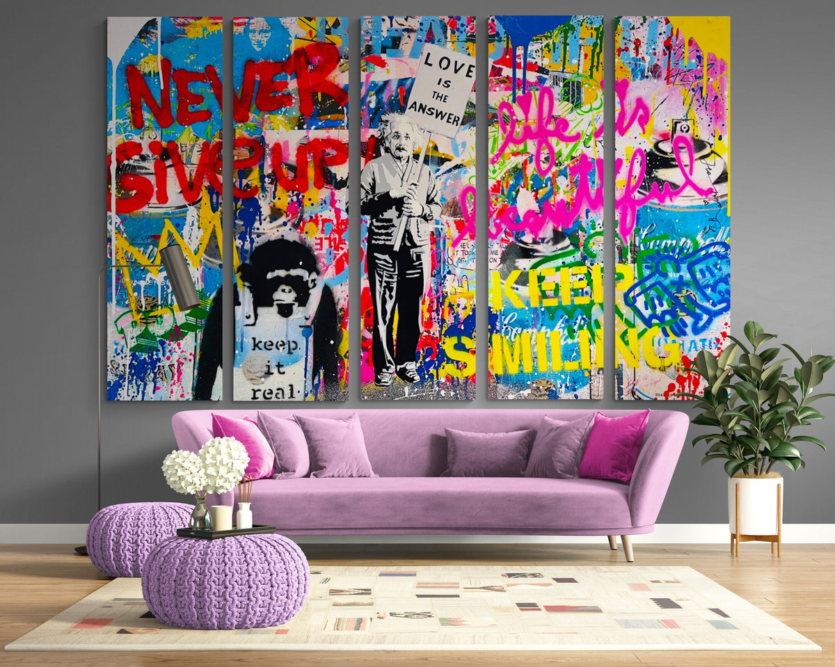Never give Up Urban Graffiti Print on Canvas Bright Colorful Living Room Pop Art Wall Decor Ready to Hang Painting Best Housewarming gift