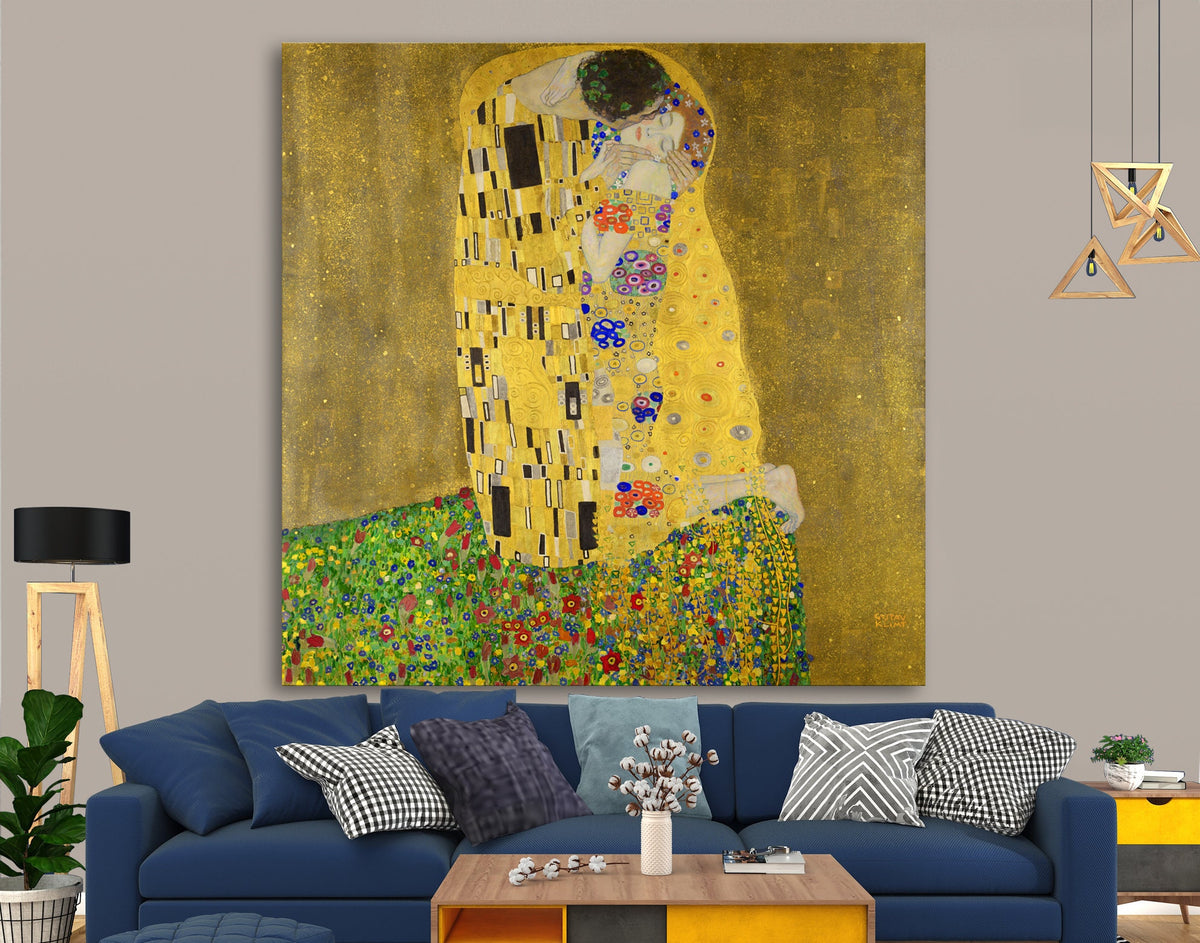 Gustav Klimt The Kiss Print on Canvas Famous Bright Colorful Modern Living Room Decor Expensive Wall Art Ready to Hang Love Gift