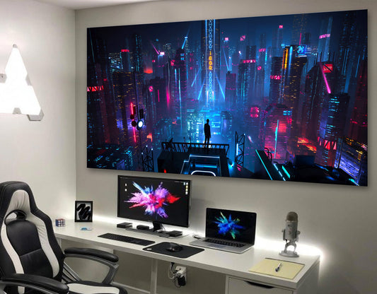 Cyberpunk Cityman Urban Extra Large Bright Colorful Neon Print on Canvas Ready to Hang Game Room Wall Decor Modern Active Teenage Boy Gift
