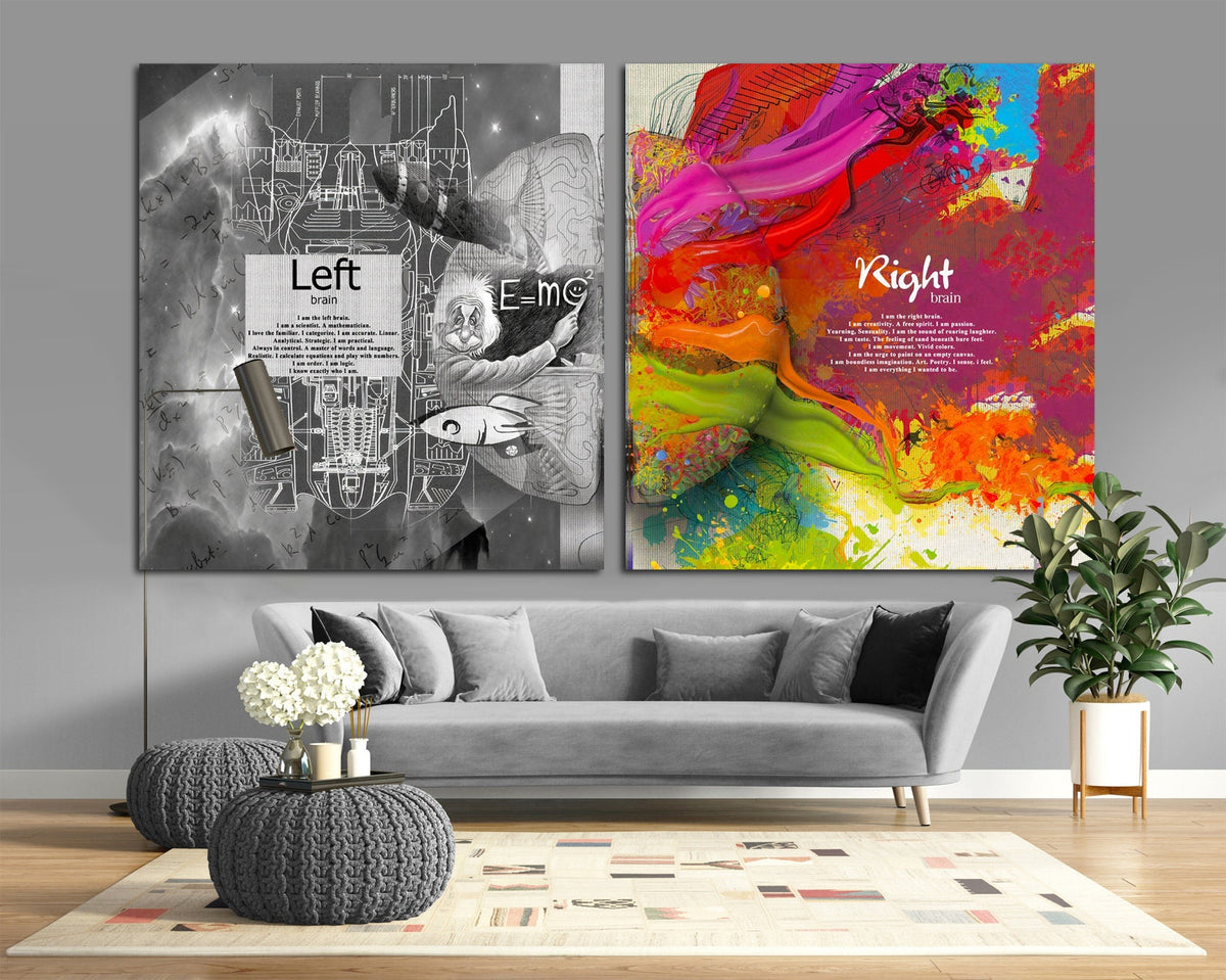 Vibrant Human Brain Art, Black and White Logic Painting, Mixed Media Creative Canvas Print, Large 2 Panel Urban Artwork, Student Gift